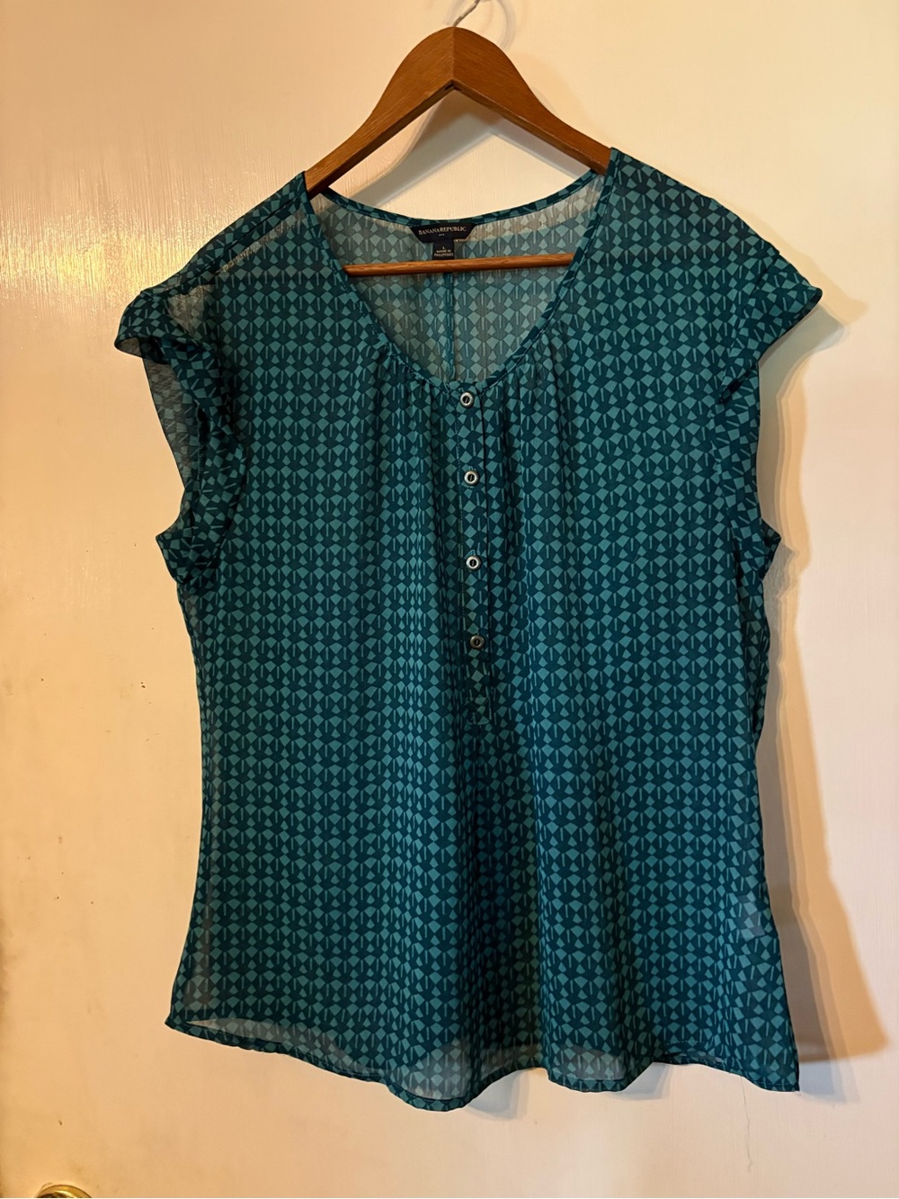 Banana Republic Teal Geometric Cap-Sleeve Blouse Size Large